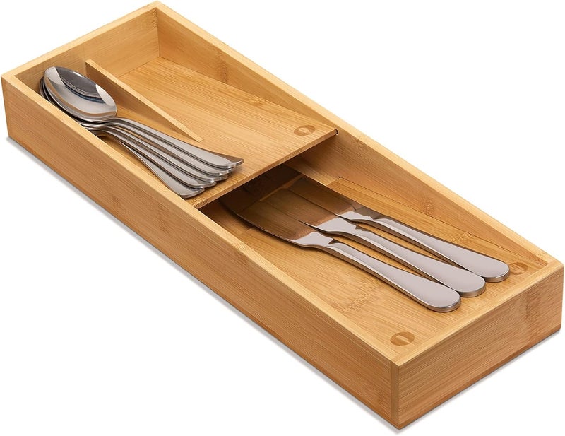 guiogc Bamboo Silverware Drawer Organizer, Kitchen Cutlery Tray,Utensil Holder for Spoons, Forks, Knives in Kitchen - Image 1